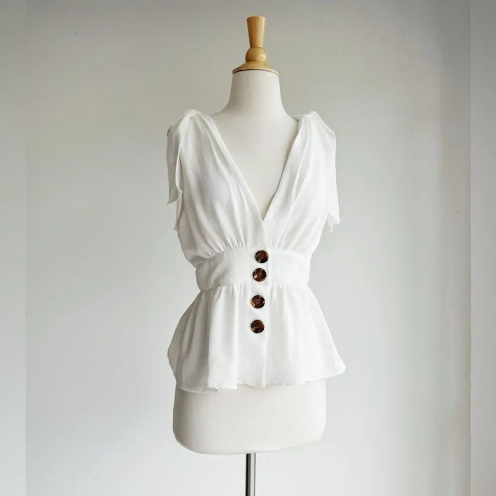 White Deep V Peplum Tank S Tie Shoulder Summer Blouse Coastal Minimalist